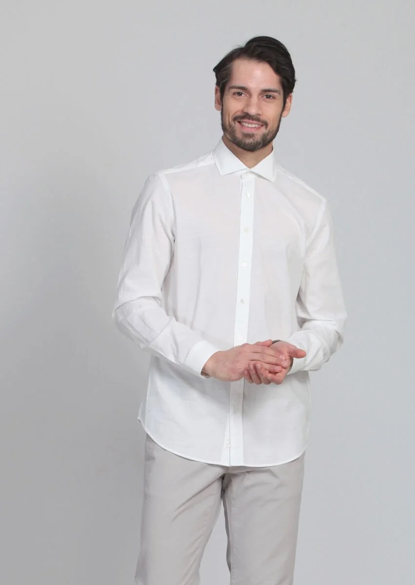 Ecru Patterned Fitted Fit Weaving Casual 100% Cotton Shirt - 1