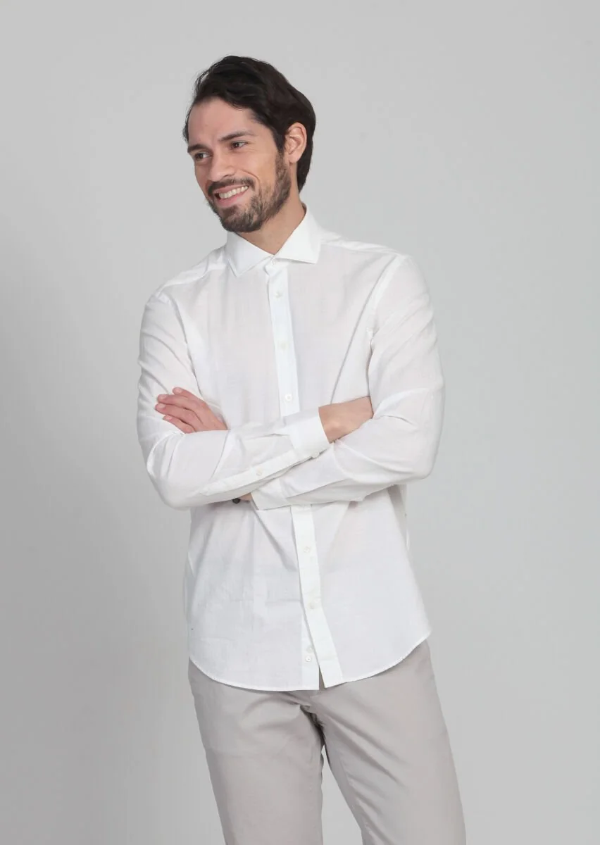 Ecru Patterned Fitted Fit Weaving Casual 100% Cotton Shirt - 2