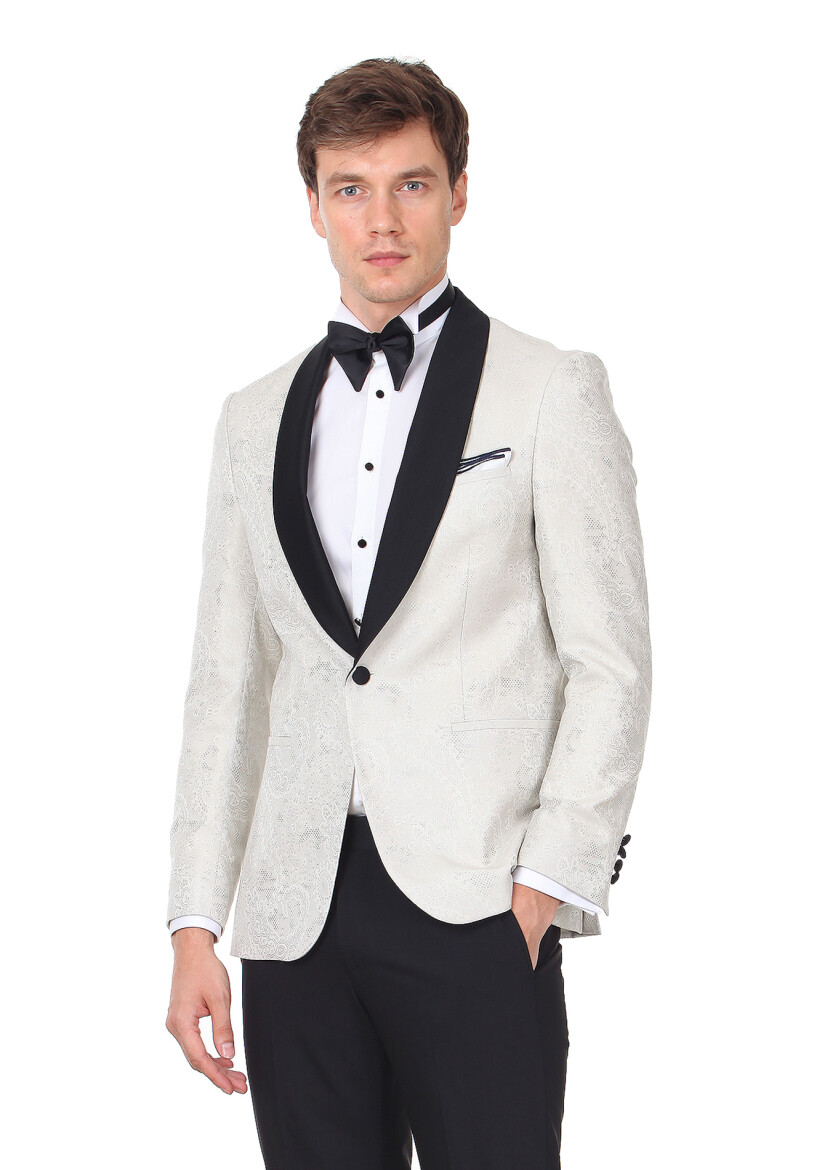 Ecru Patterned Modern Fit Shawl Collar Weaving Tuxedo - RAMSEY
