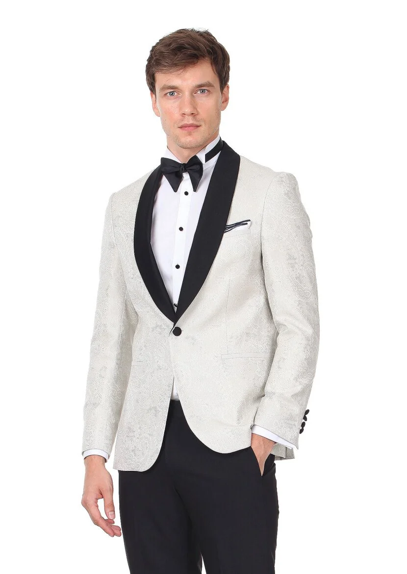 Ecru Patterned Modern Fit Shawl Collar Weaving Tuxedo - 1