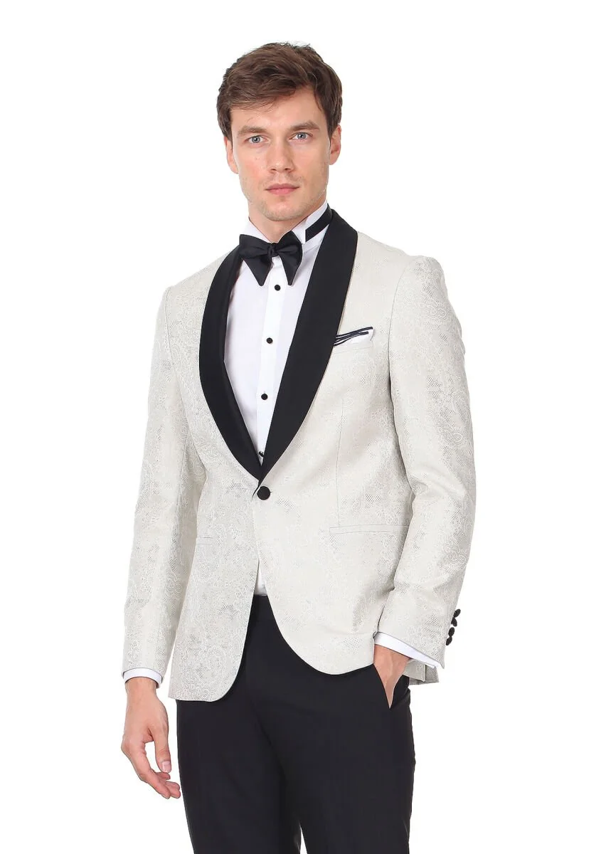 Ecru Patterned Modern Fit Shawl Collar Weaving Tuxedo - 1