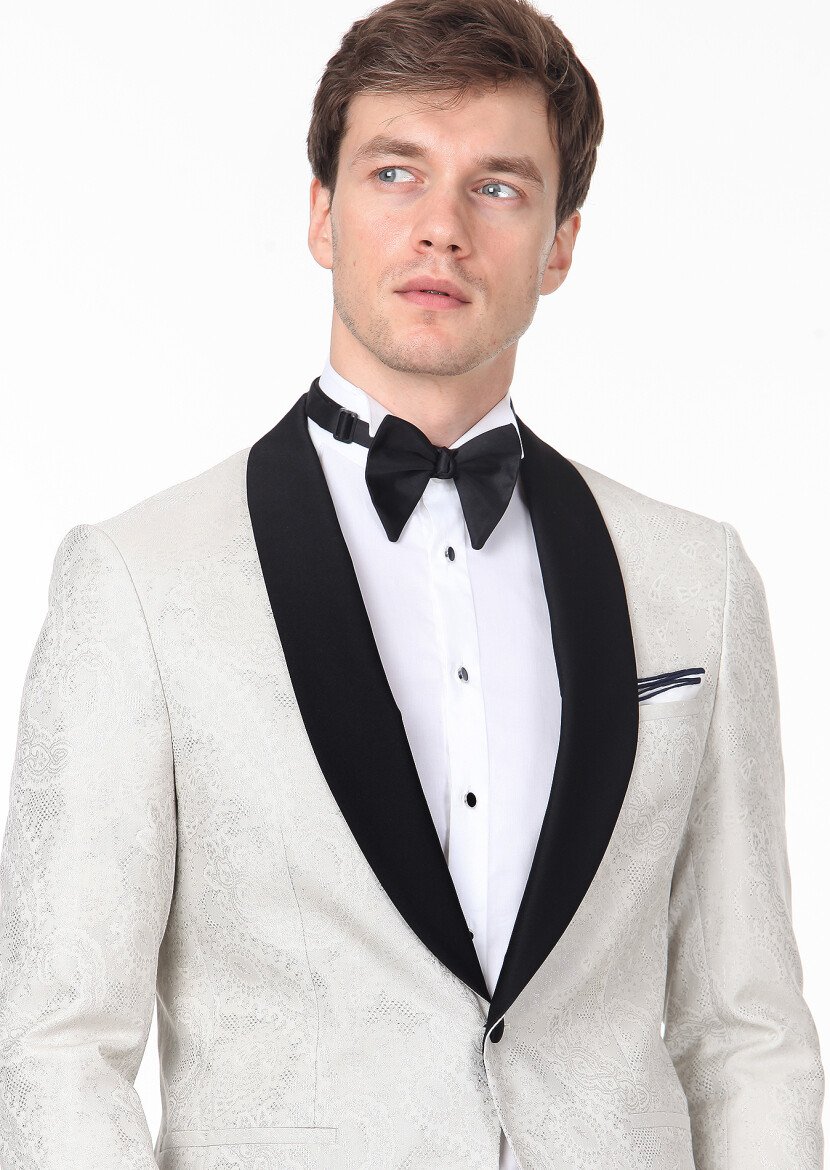Ecru Patterned Modern Fit Shawl Collar Weaving Tuxedo - 2