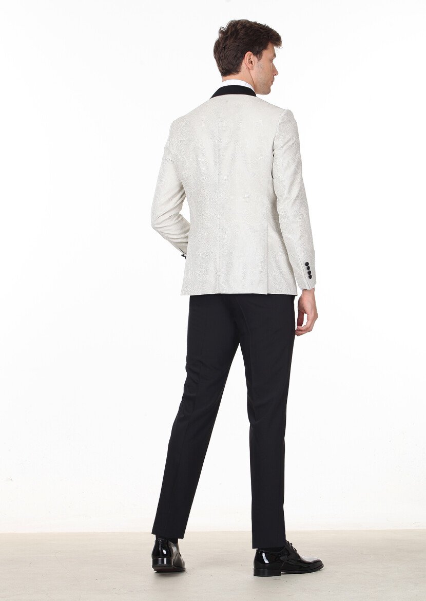Ecru Patterned Modern Fit Shawl Collar Weaving Tuxedo - 4