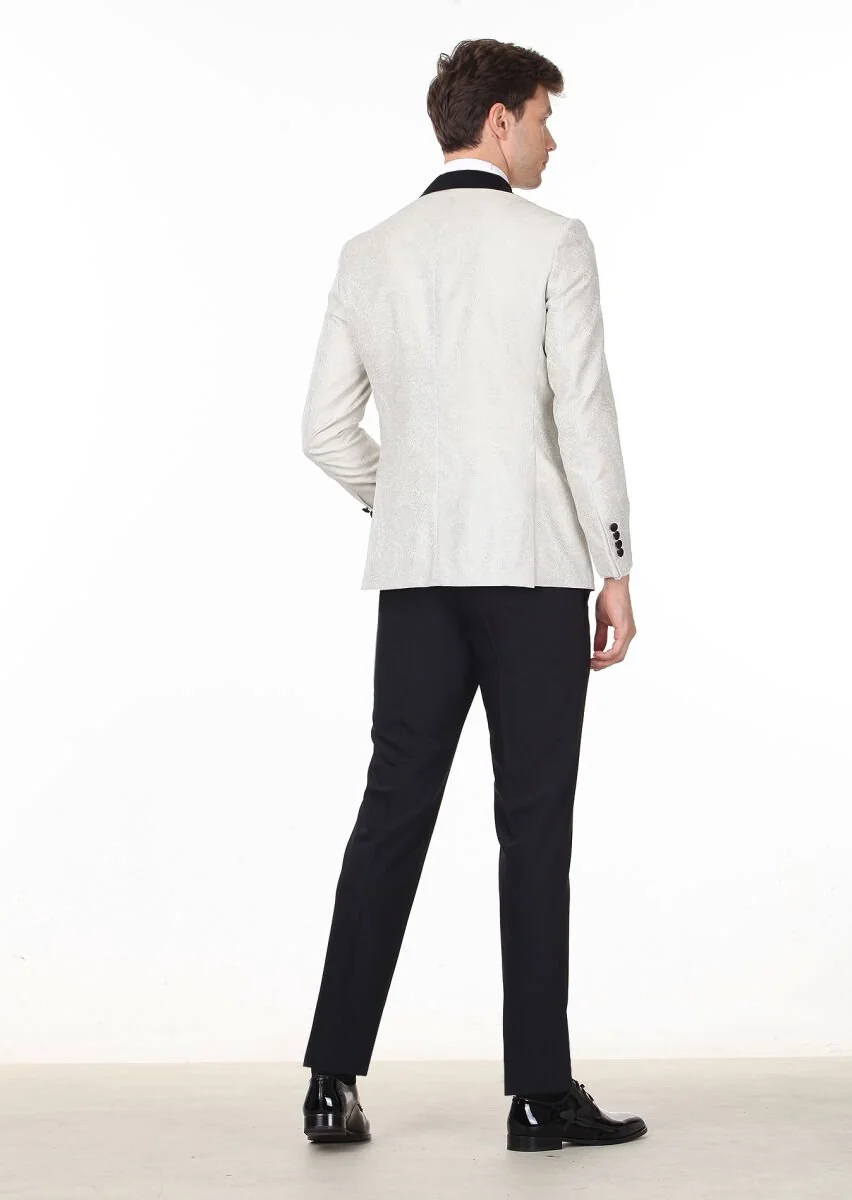 Ecru Patterned Modern Fit Shawl Collar Weaving Tuxedo - 4