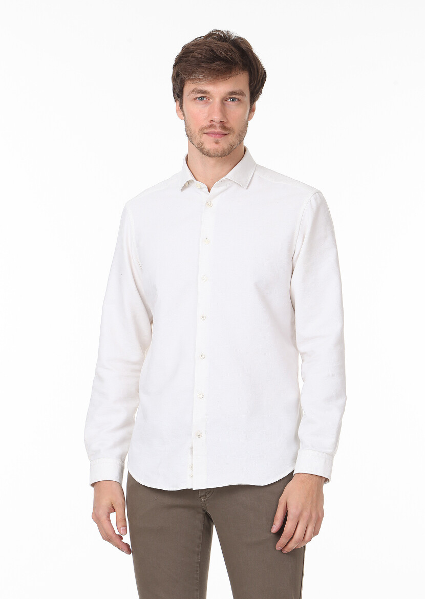 Ecru Patterned Regular Fit Long Weaving Casual Cotton Blended Shirt - 1
