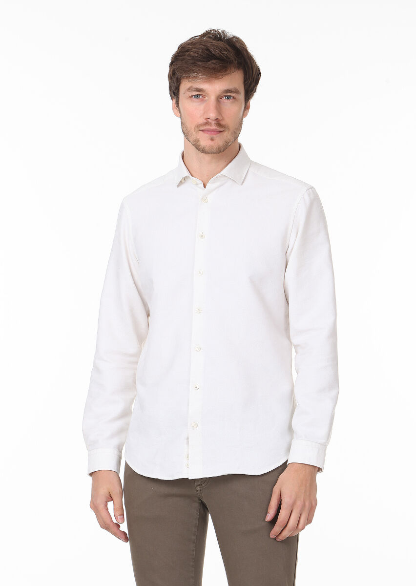 Ecru Patterned Regular Fit Long Weaving Casual Cotton Blended Shirt - 1