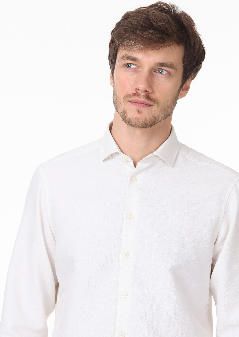 Ecru Patterned Regular Fit Long Weaving Casual Cotton Blended Shirt - 2