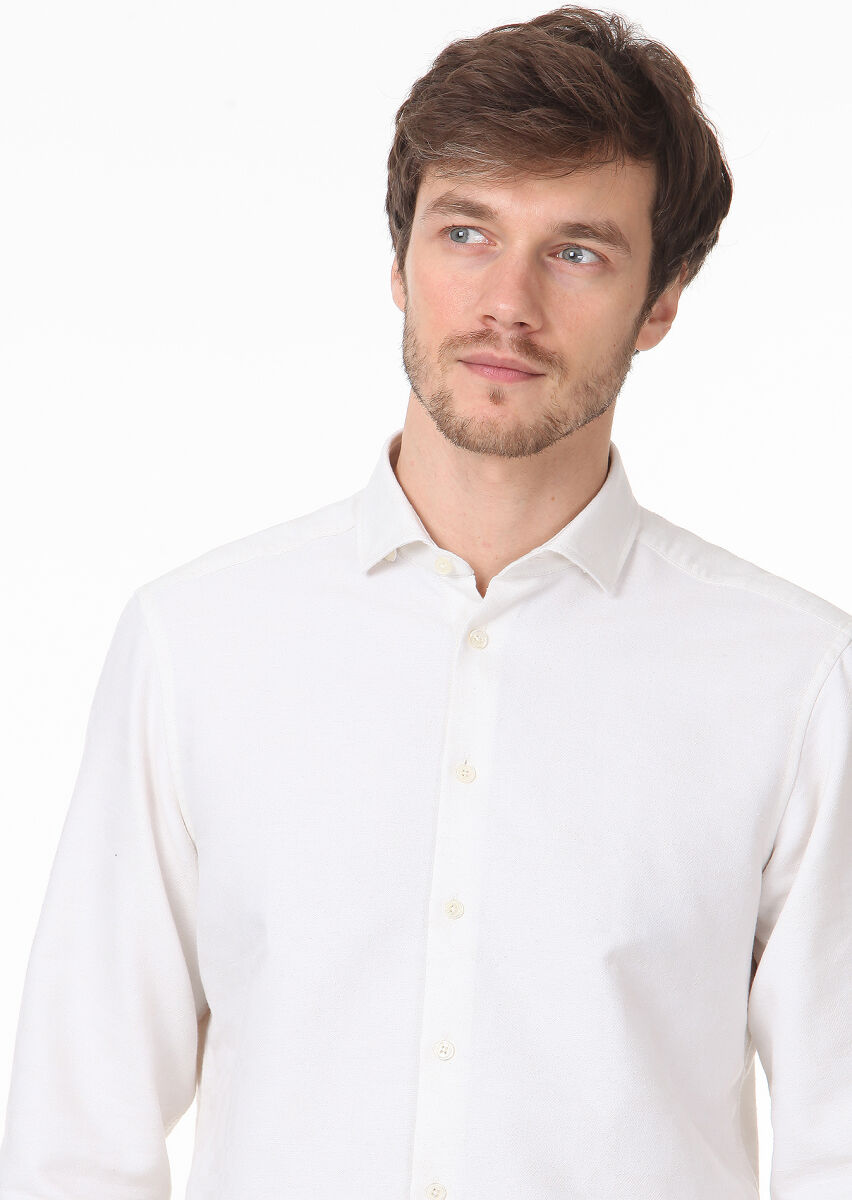 Ecru Patterned Regular Fit Long Weaving Casual Cotton Blended Shirt - 2