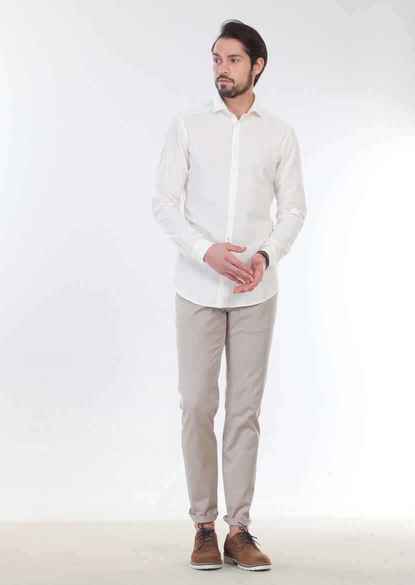 Ecru Patterned Slim Fit Long Weaving Casual 100% Cotton Shirt - 3