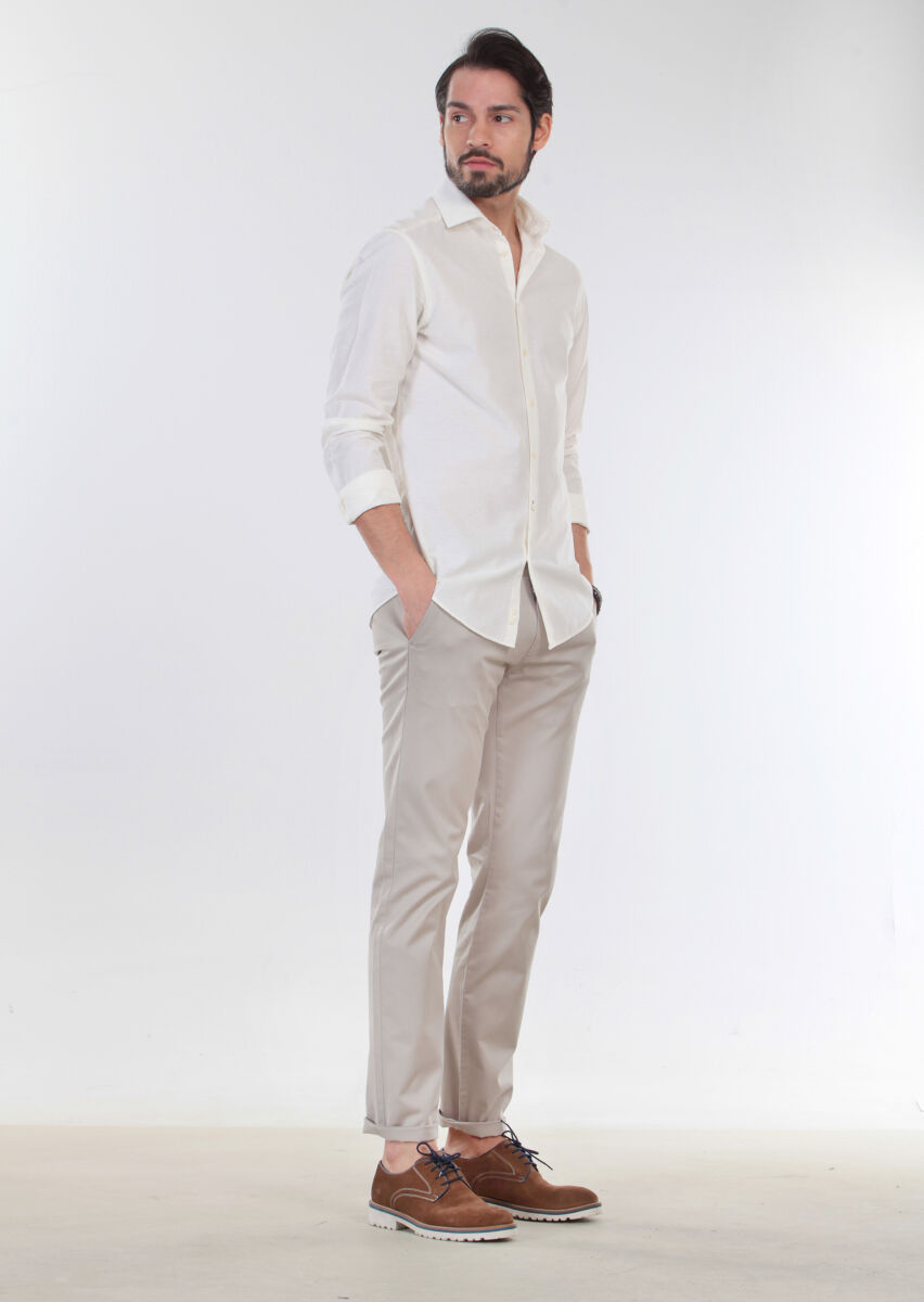 Ecru Patterned Slim Fit Long Weaving Casual 100% Cotton Shirt - 6