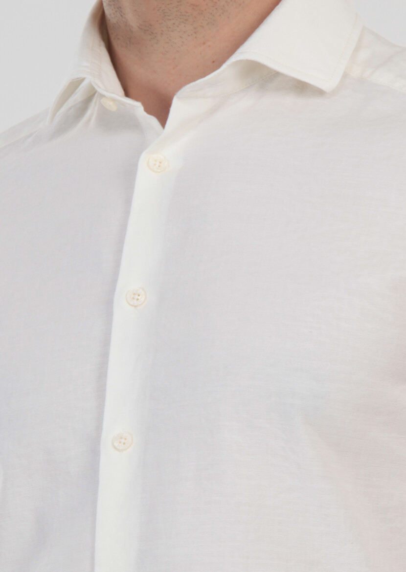 Ecru Patterned Slim Fit Long Weaving Casual 100% Cotton Shirt - 7