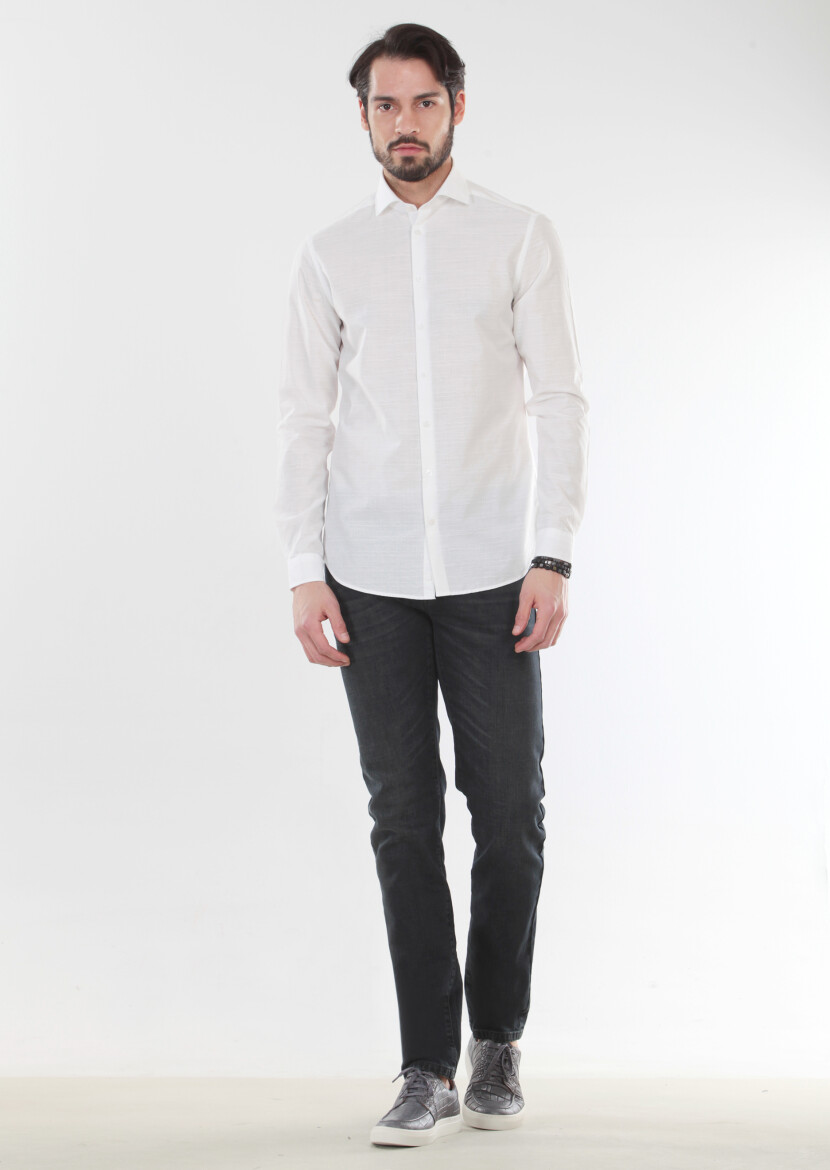 Ecru Patterned Slim Fit Long Weaving Casual 100% Cotton Shirt - 1