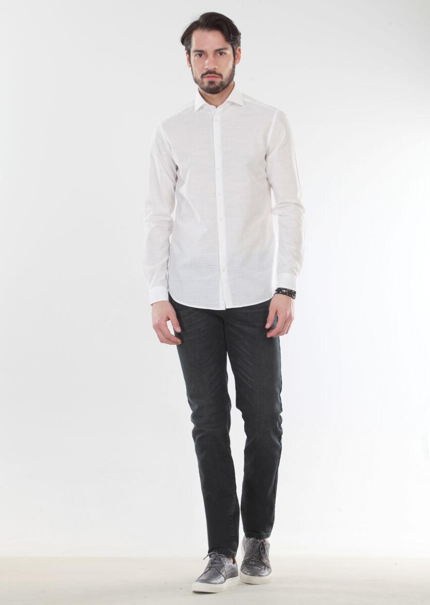 Ecru Patterned Slim Fit Long Weaving Casual 100% Cotton Shirt - 1