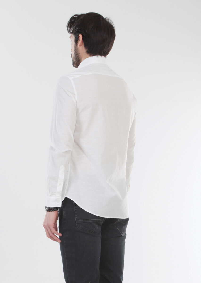 Ecru Patterned Slim Fit Long Weaving Casual 100% Cotton Shirt - 2