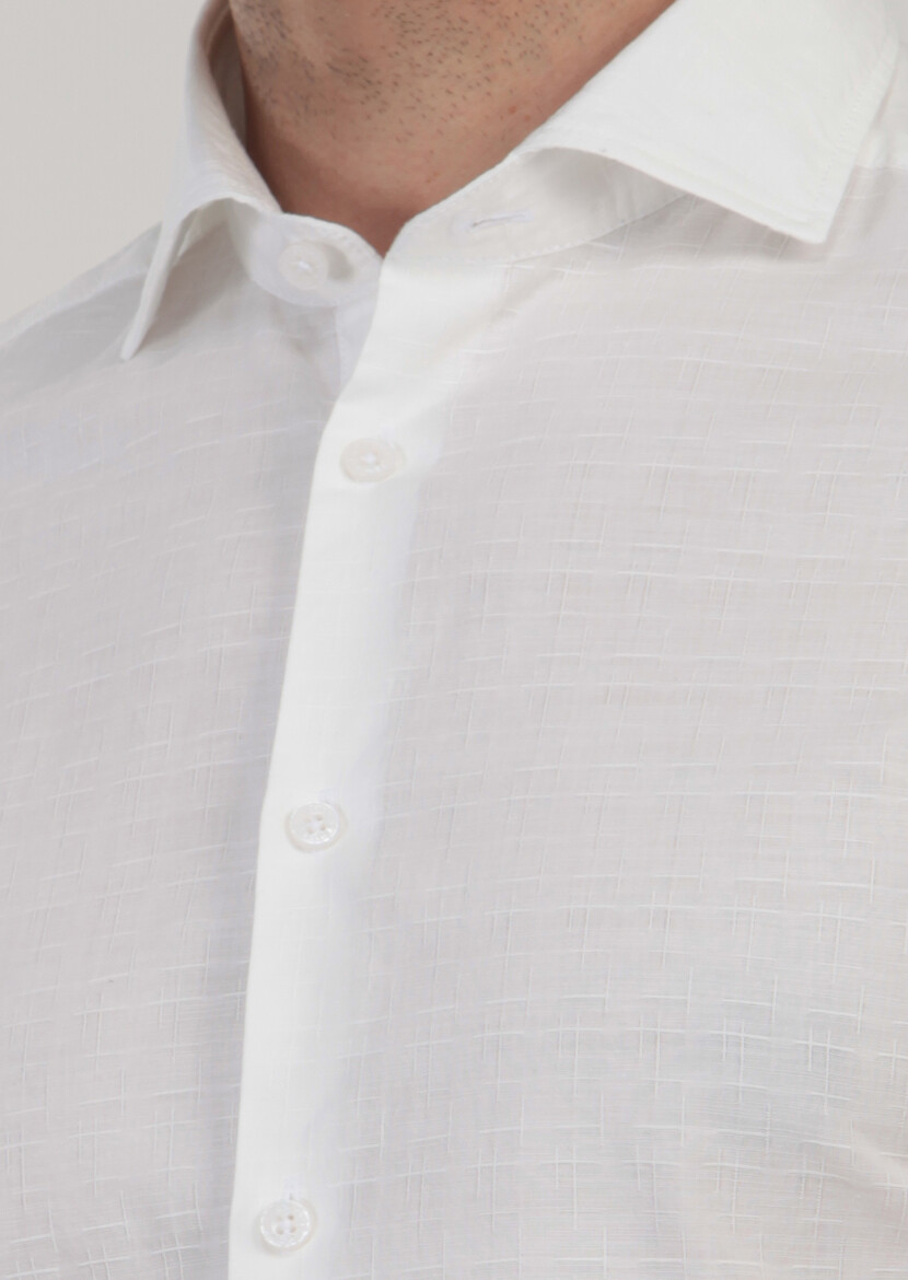 Ecru Patterned Slim Fit Long Weaving Casual 100% Cotton Shirt - 6
