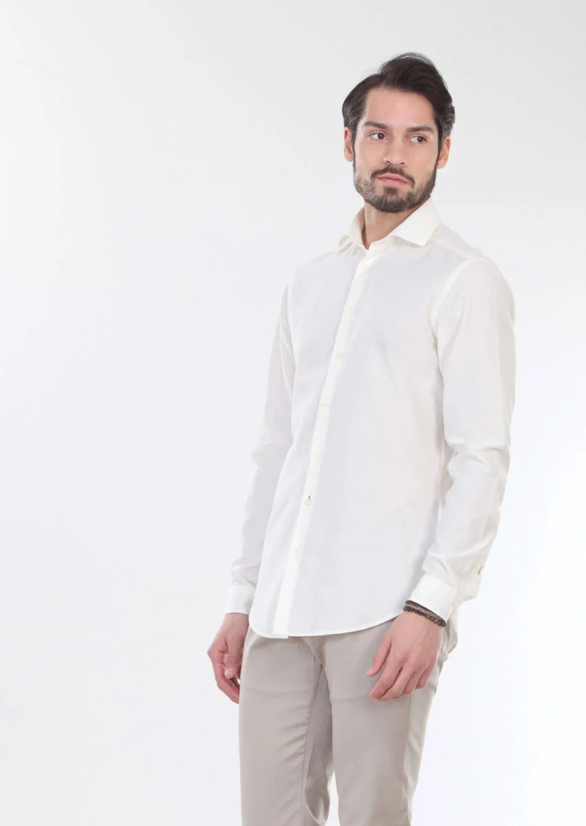 Ecru Patterned Slim Fit Weaving Casual 100% Cotton Shirt - 1