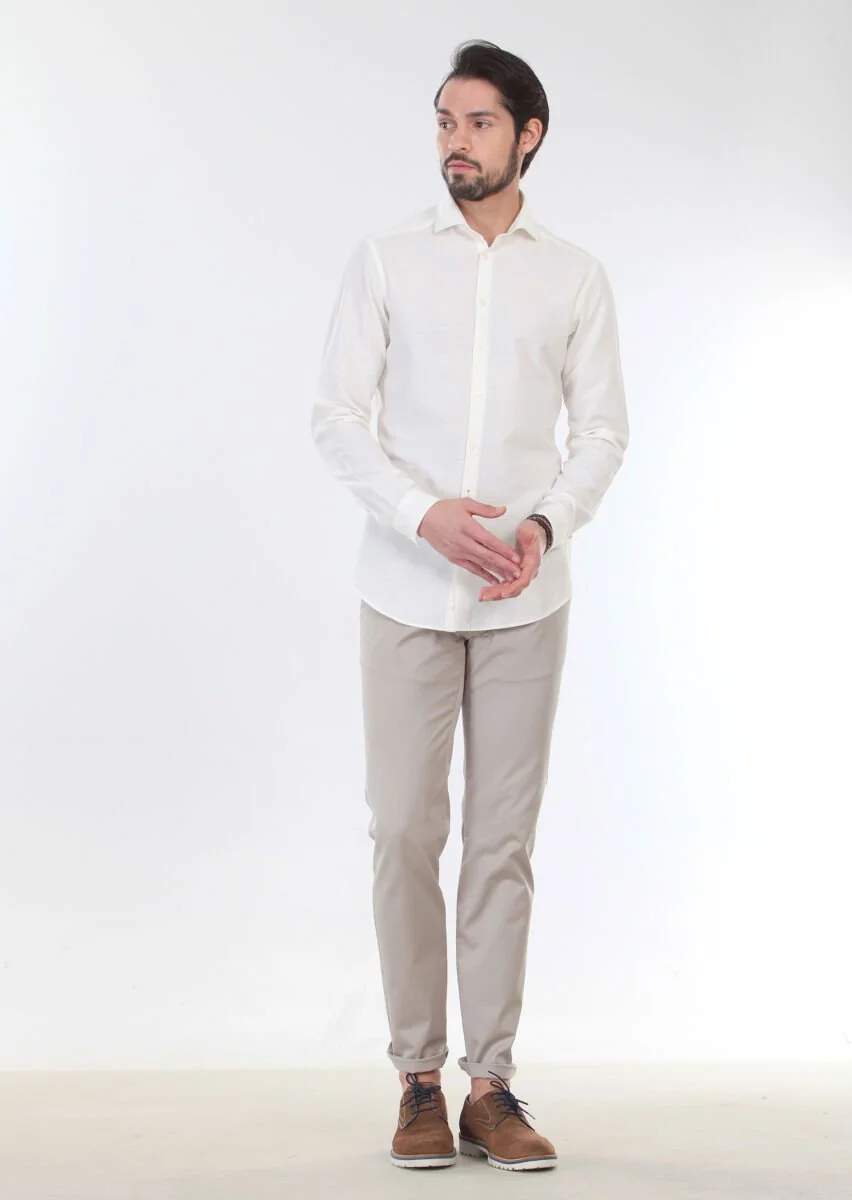 Ecru Patterned Slim Fit Weaving Casual 100% Cotton Shirt - 3