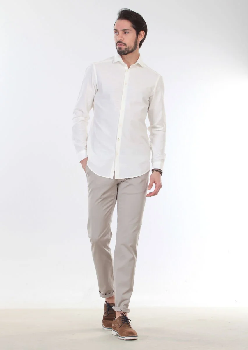 Ecru Patterned Slim Fit Weaving Casual 100% Cotton Shirt - 4