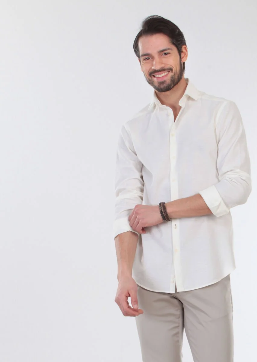 Ecru Patterned Slim Fit Weaving Casual 100% Cotton Shirt - 5