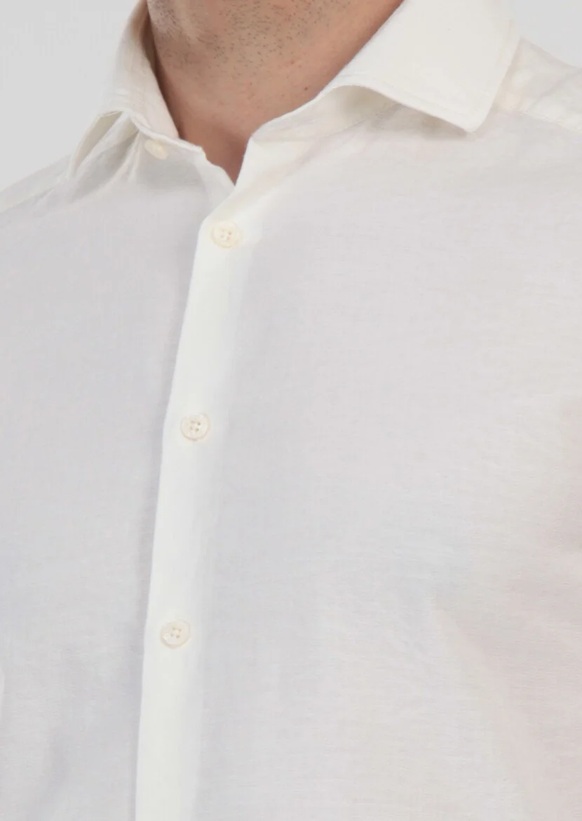Ecru Patterned Slim Fit Weaving Casual 100% Cotton Shirt - 7