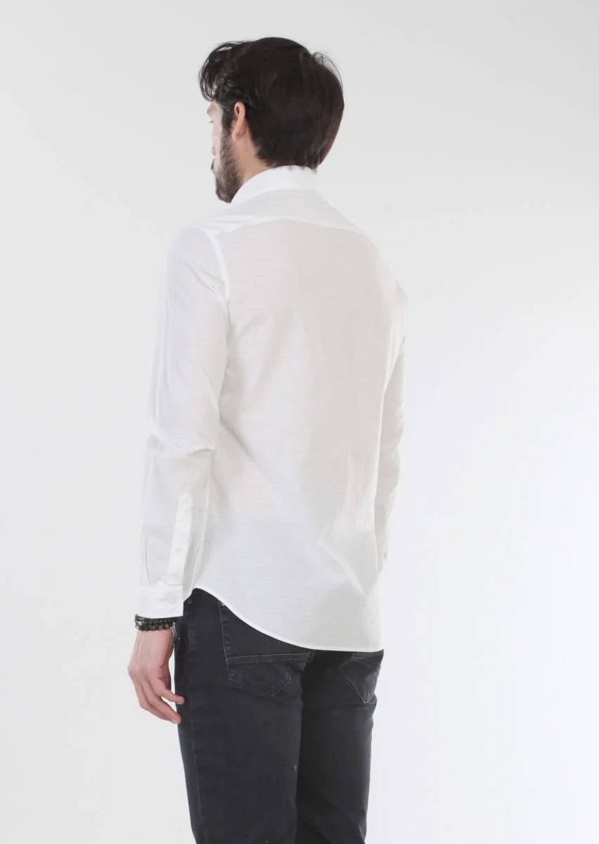 Ecru Patterned Slim Fit Weaving Casual 100% Cotton Shirt - 2