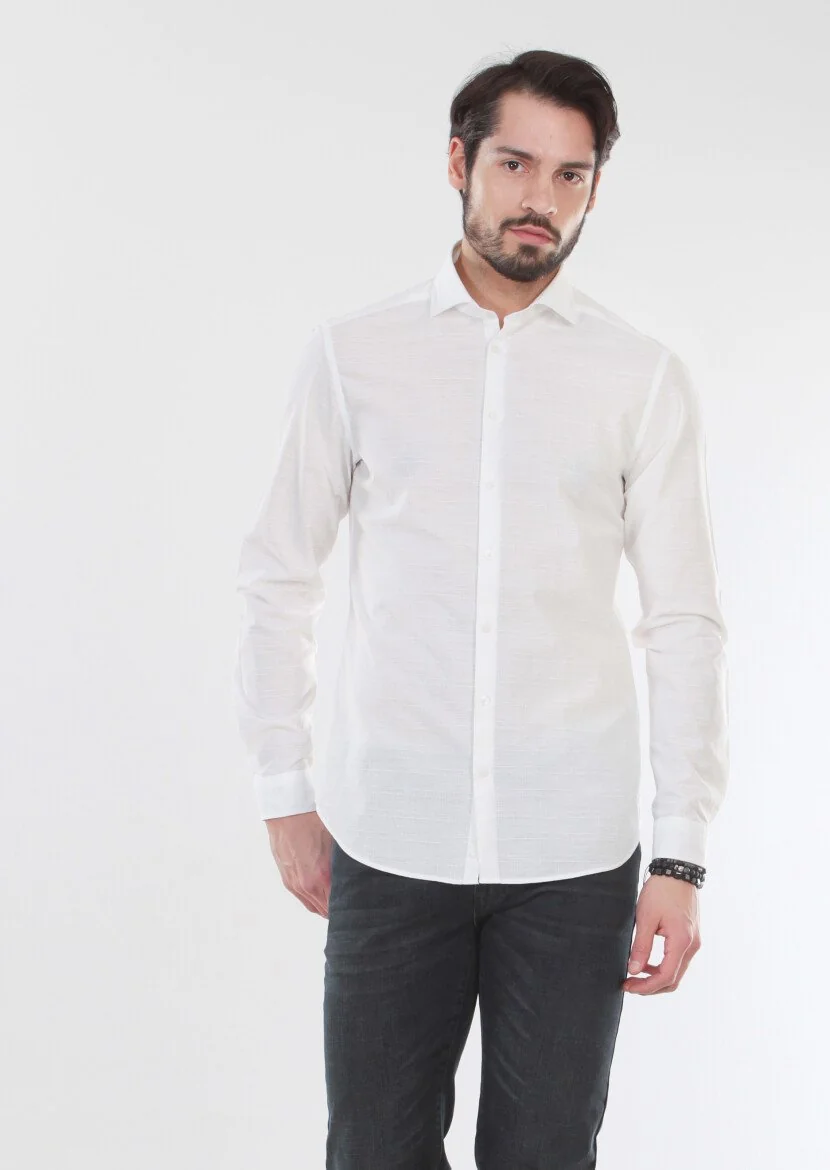 Ecru Patterned Slim Fit Weaving Casual 100% Cotton Shirt - 3