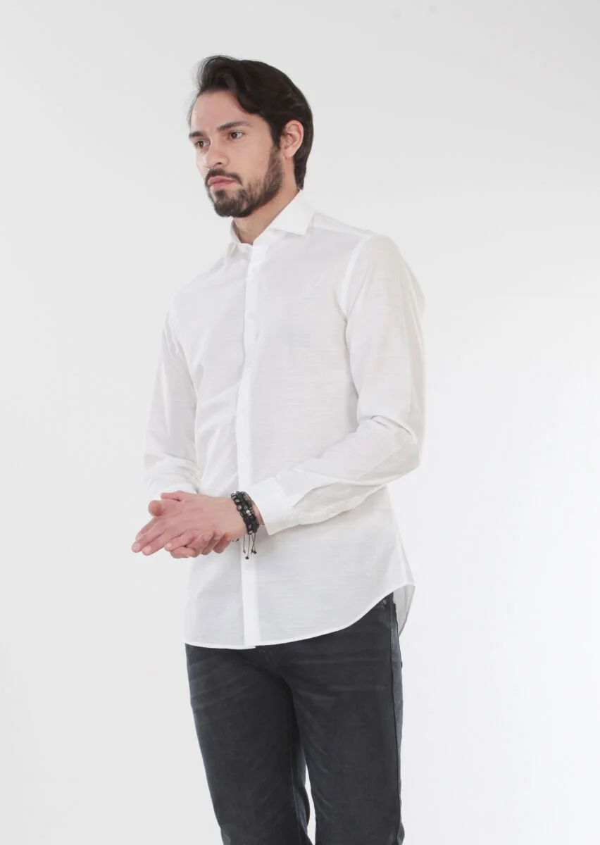 Ecru Patterned Slim Fit Weaving Casual 100% Cotton Shirt - 4