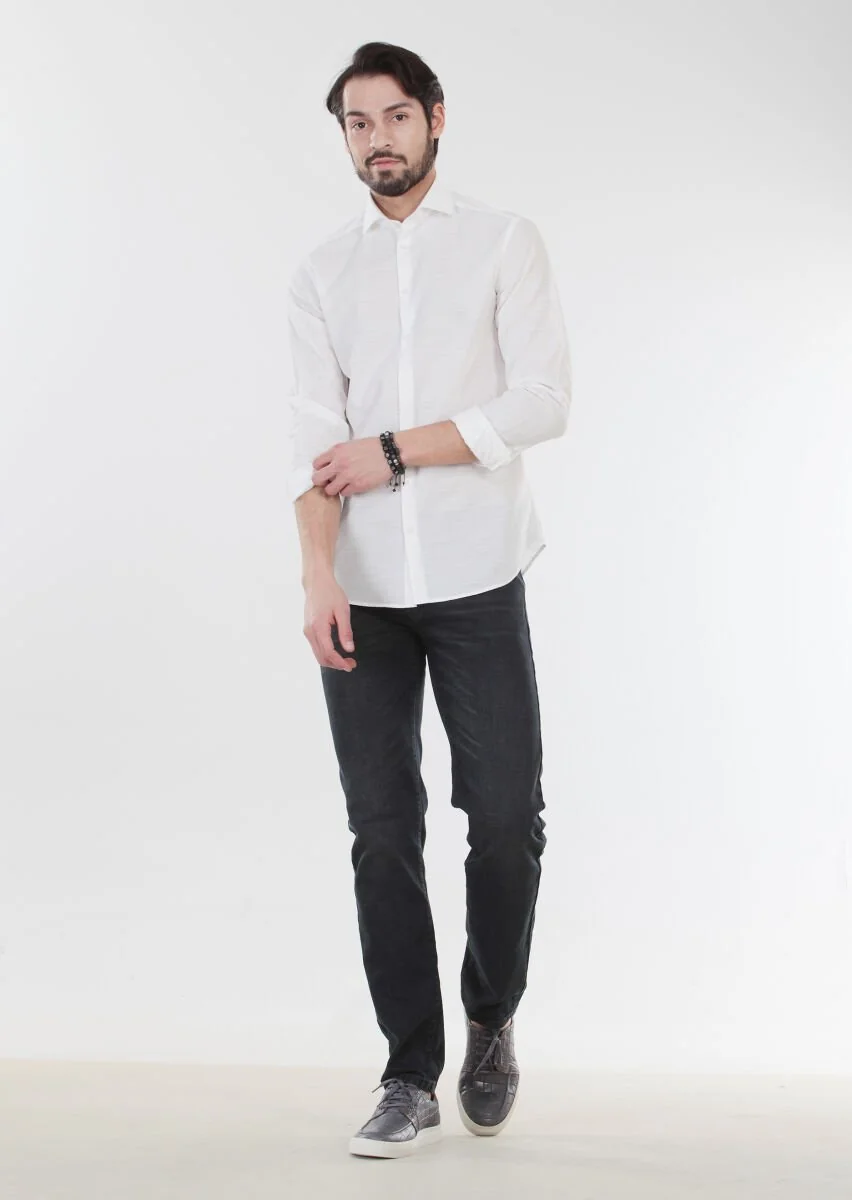 Ecru Patterned Slim Fit Weaving Casual 100% Cotton Shirt - 5