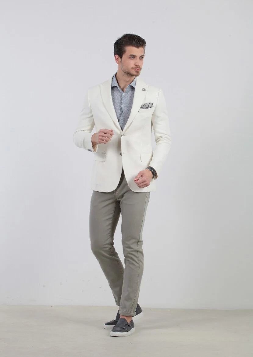 Ecru Patterned Zeroweight-Slim Fit Cotton Blended Jacket - 2