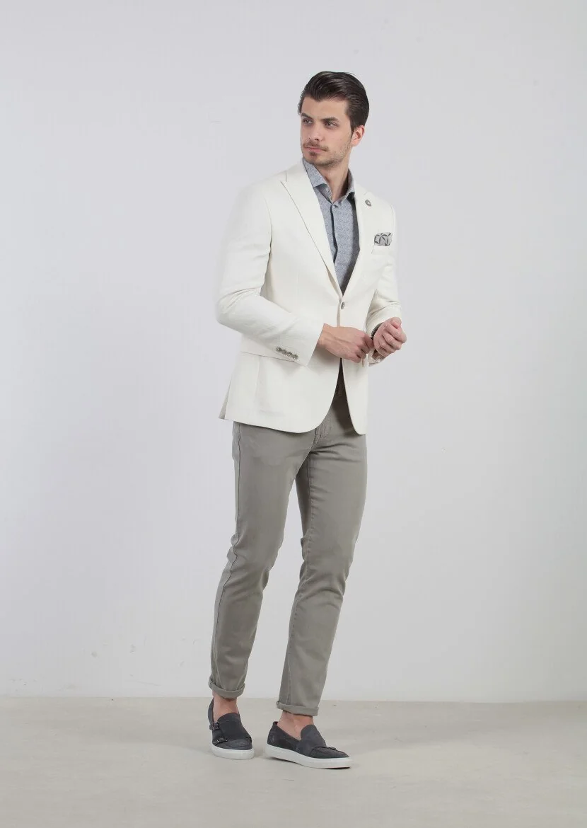 Ecru Patterned Zeroweight-Slim Fit Cotton Blended Jacket - 3