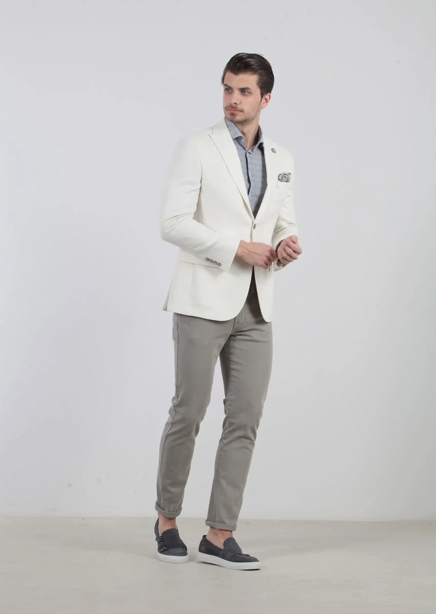 Ecru Patterned Zeroweight-Slim Fit Cotton Blended Jacket - 3