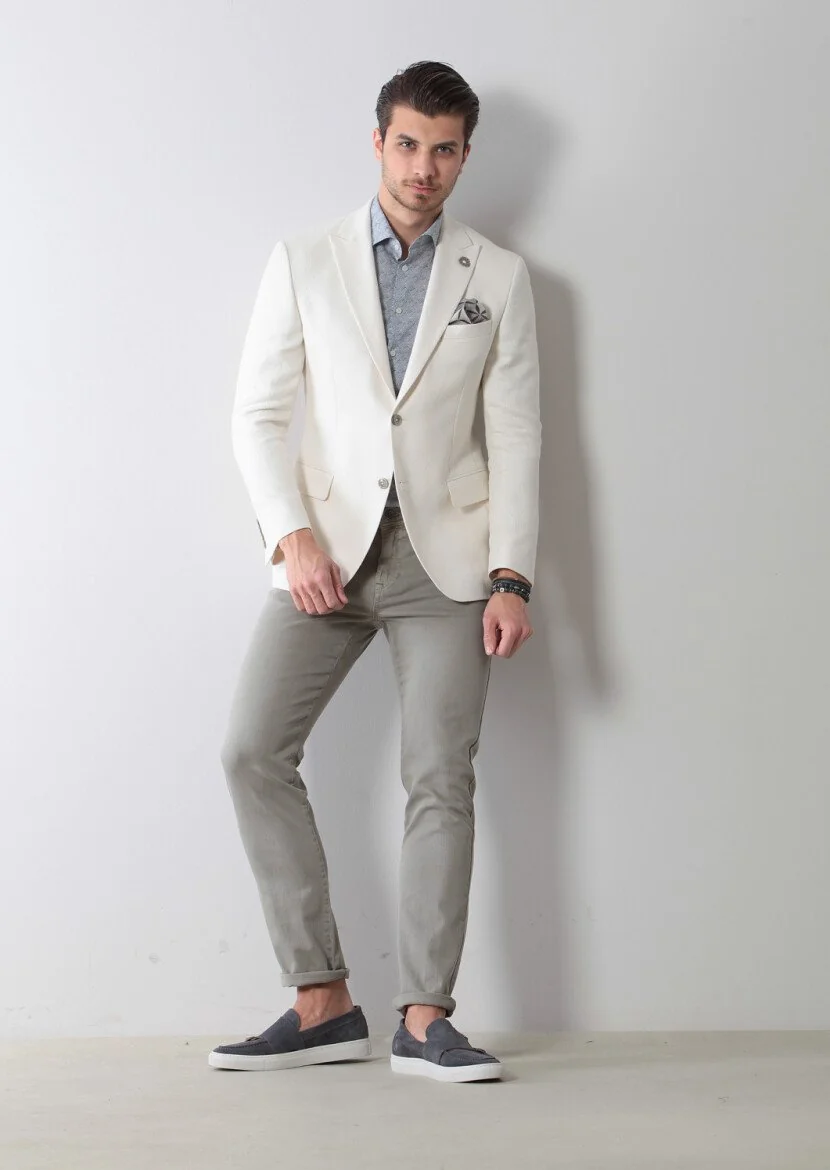 Ecru Patterned Zeroweight-Slim Fit Cotton Blended Jacket - 5