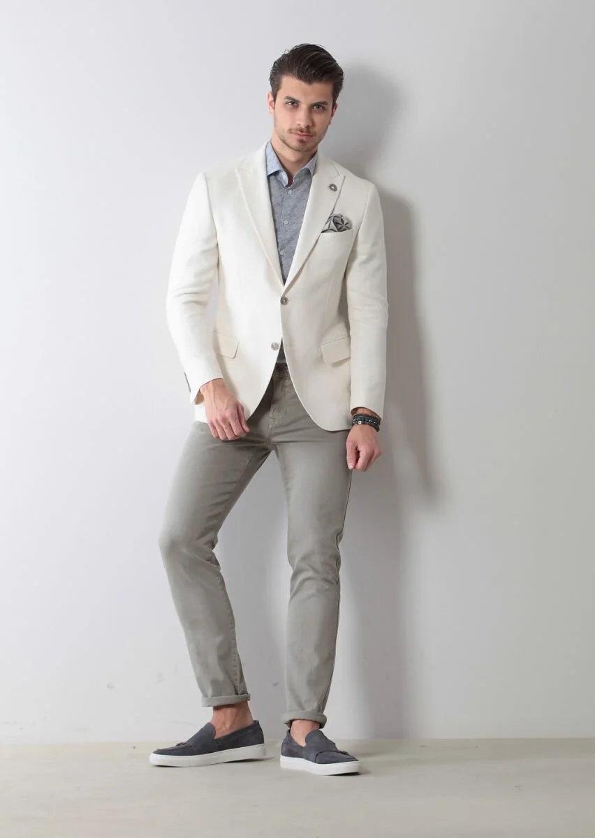 Ecru Patterned Zeroweight-Slim Fit Cotton Blended Jacket - 5