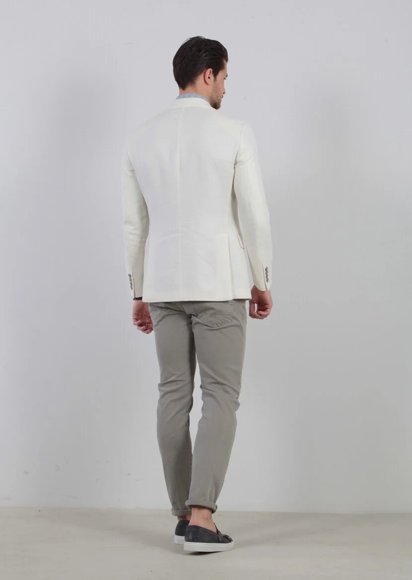 Ecru Patterned Zeroweight-Slim Fit Cotton Blended Jacket - 7
