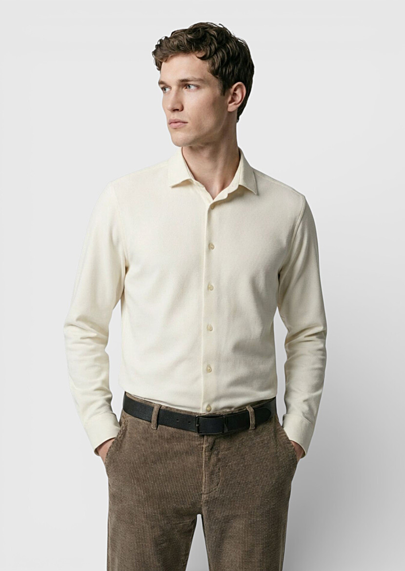 Ecru Plain Casual Fit Long Weaving Casual 100% Cotton Shirt - 3