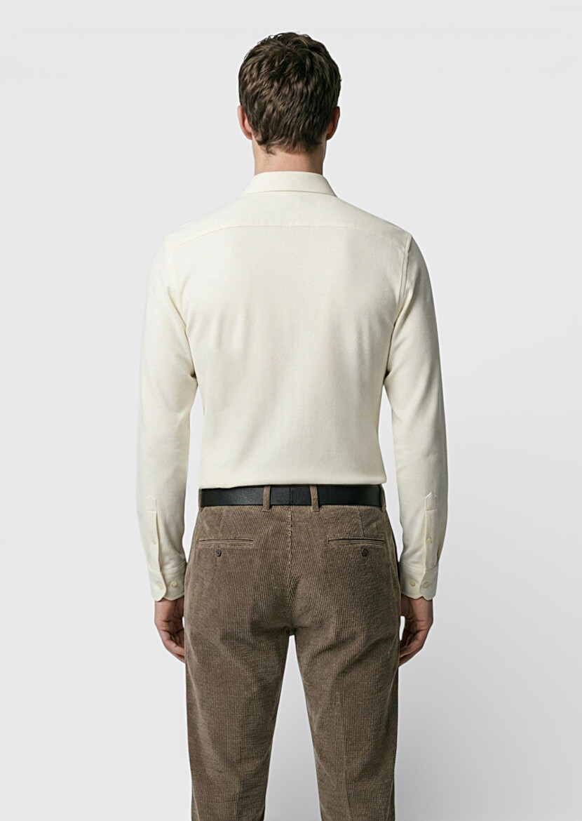 Ecru Plain Casual Fit Long Weaving Casual 100% Cotton Shirt - 4