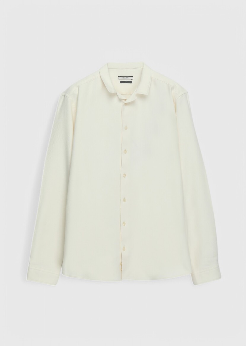 Ecru Plain Casual Fit Long Weaving Casual 100% Cotton Shirt - 5