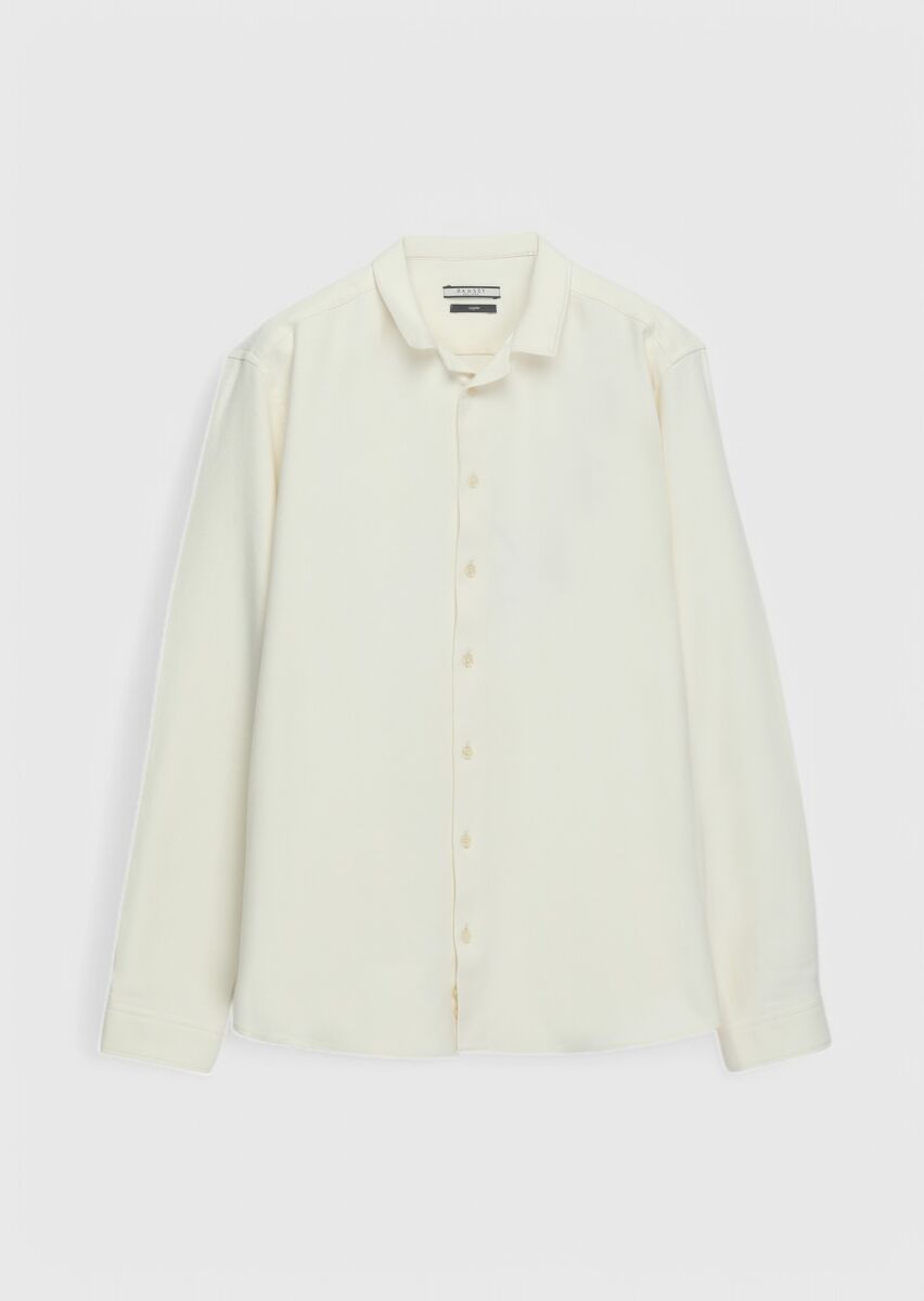 Ecru Plain Casual Fit Long Weaving Casual 100% Cotton Shirt - 5