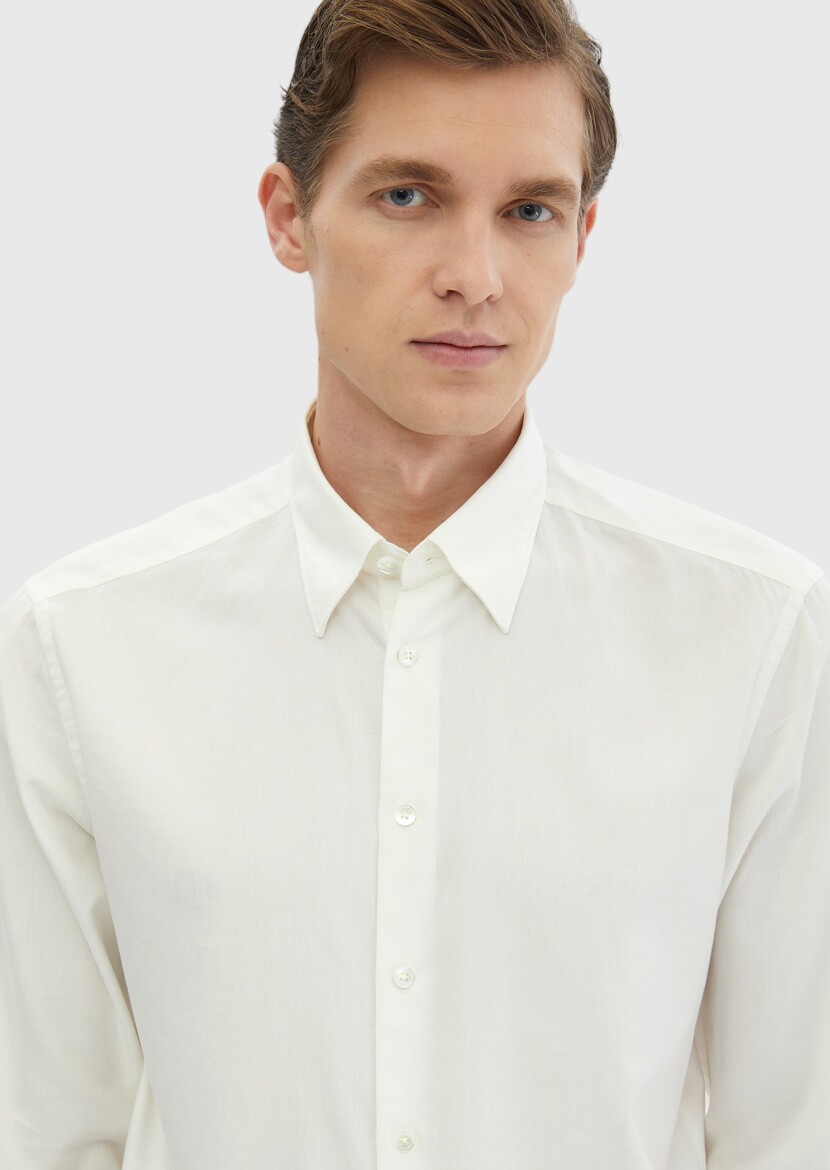 Ecru Plain Casual Fit Long Weaving Casual Cotton Blended Shirt - RAMSEY