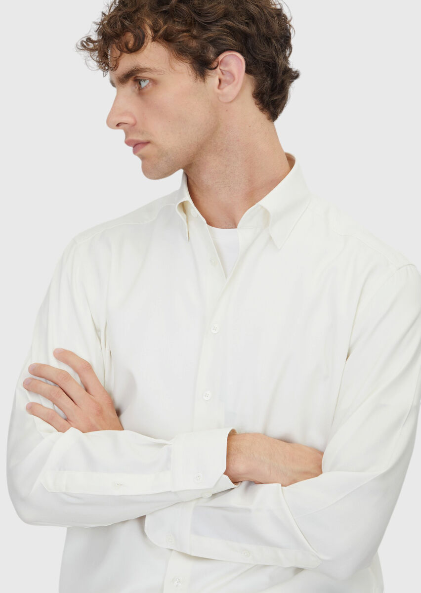 Ecru Plain Casual Fit Long Weaving Casual Silk Blended Shirt - 3