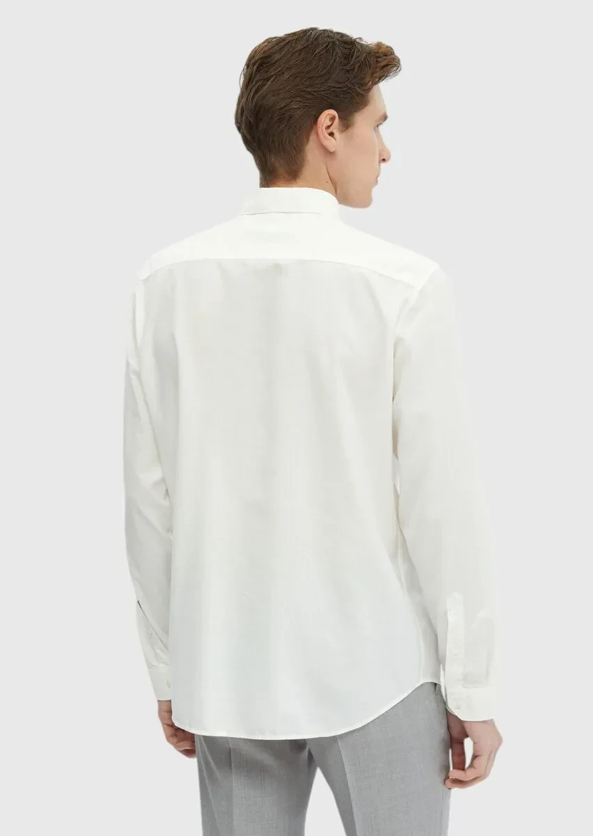 Ecru Plain Casual Fit Weaving Casual Cotton Blended Shirt - 4