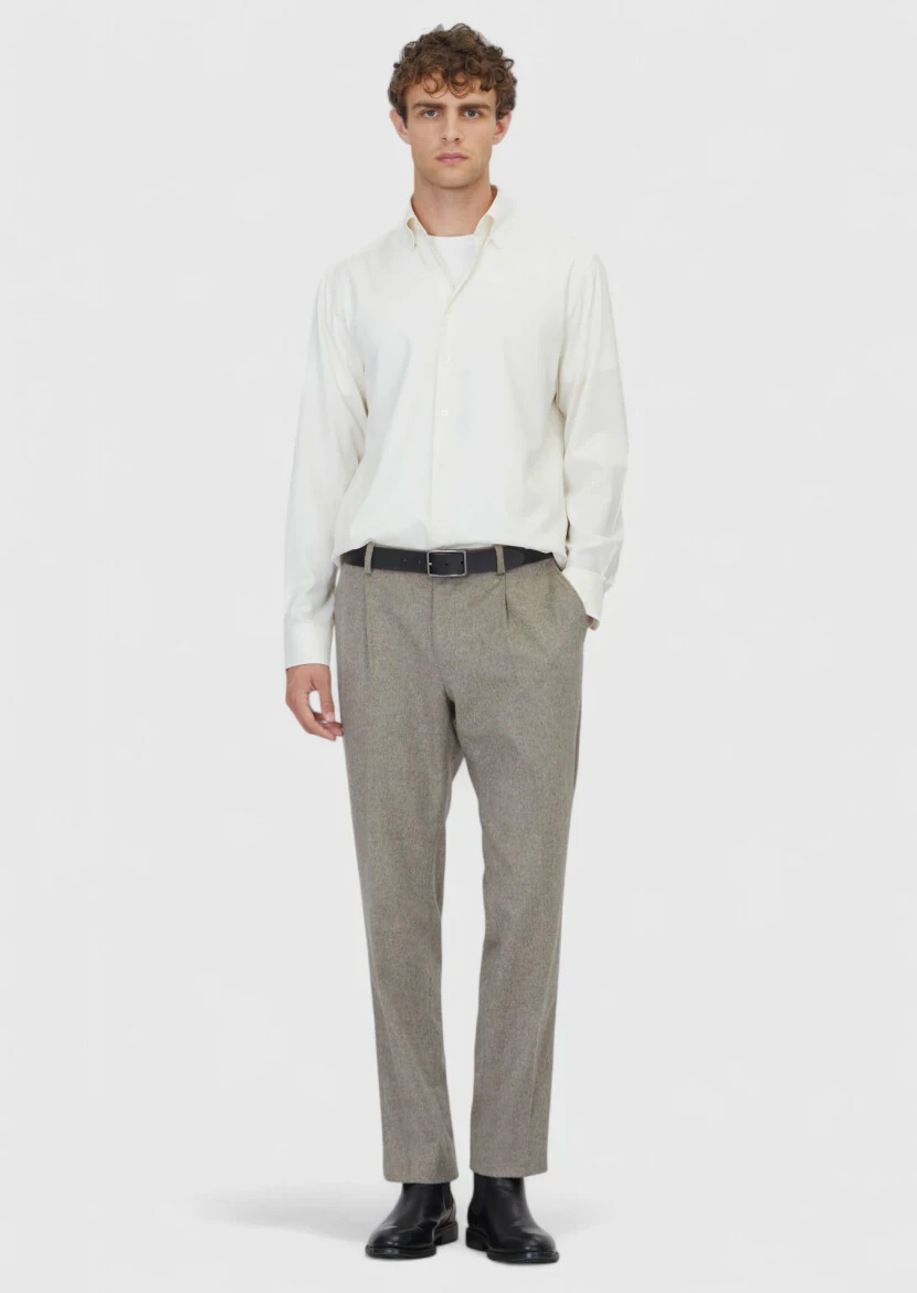 Ecru Plain Casual Fit Weaving Casual Silk Blended Shirt - RAMSEY