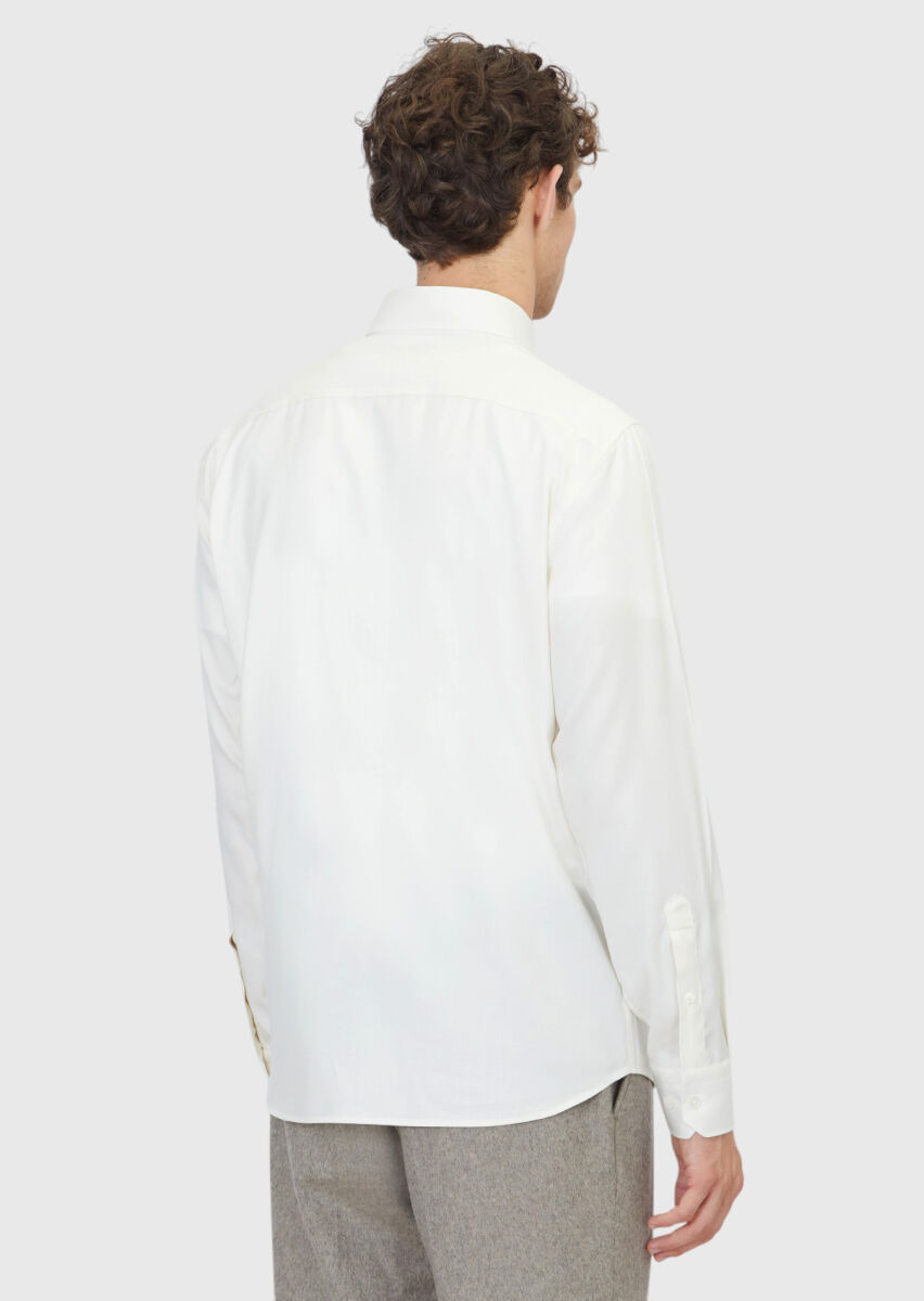 Ecru Plain Casual Fit Weaving Casual Silk Blended Shirt - 5