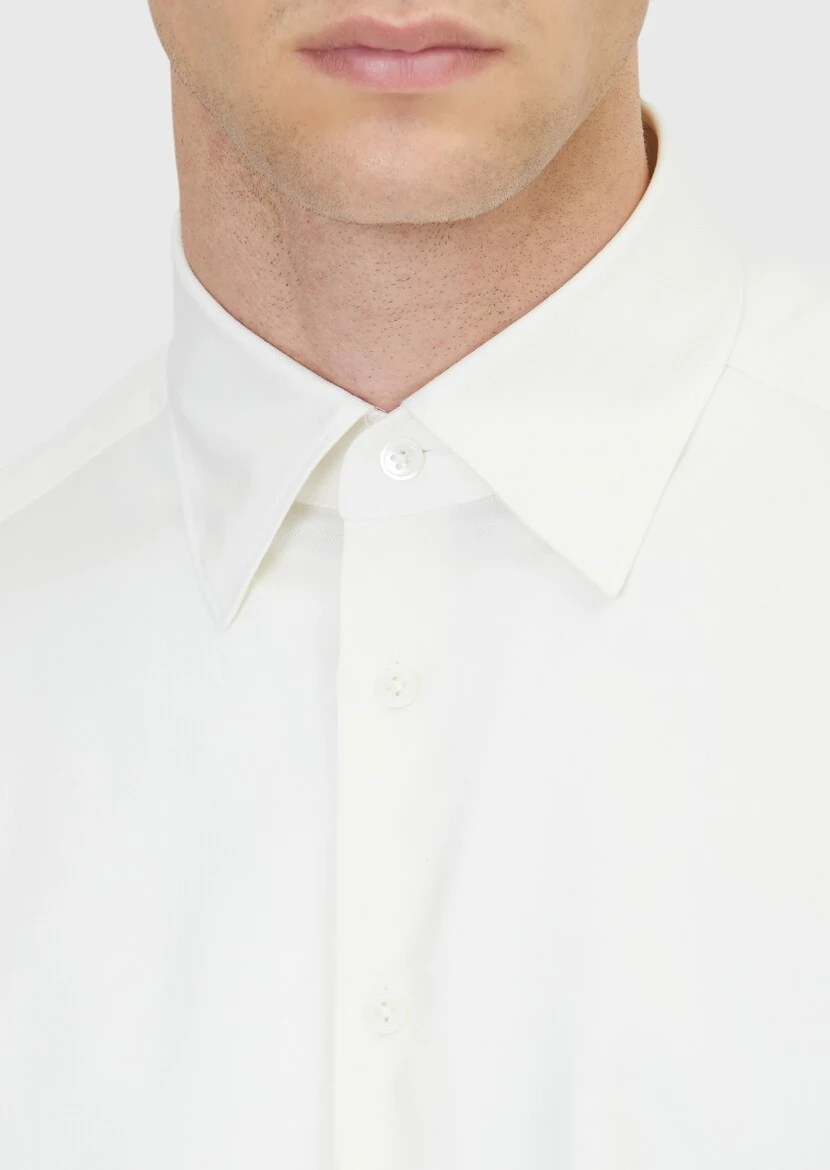 Ecru Plain Casual Fit Weaving Casual Silk Blended Shirt - 4