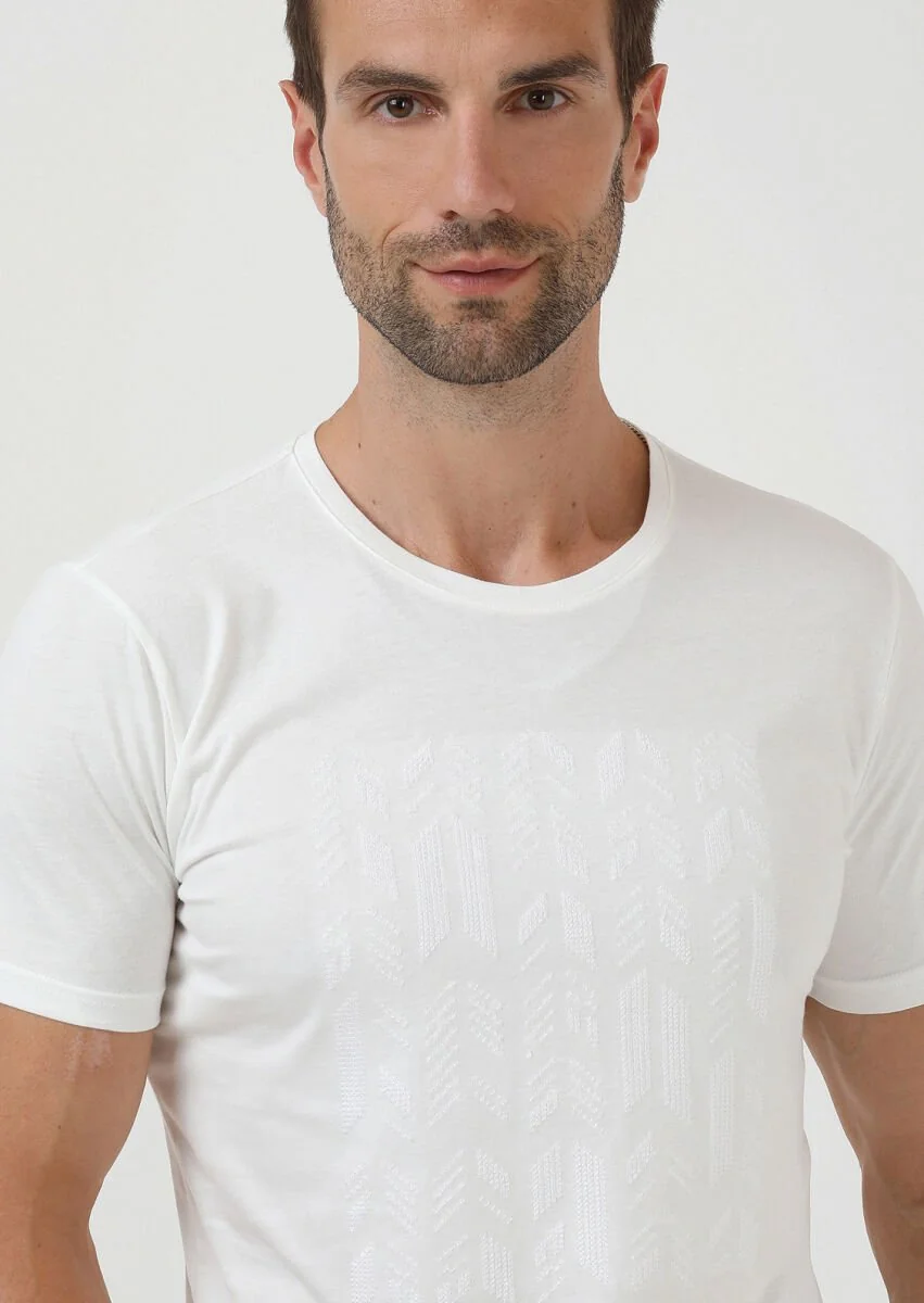 Ecru Plain Crew Neck 100% Cotton T-Shirt - 3