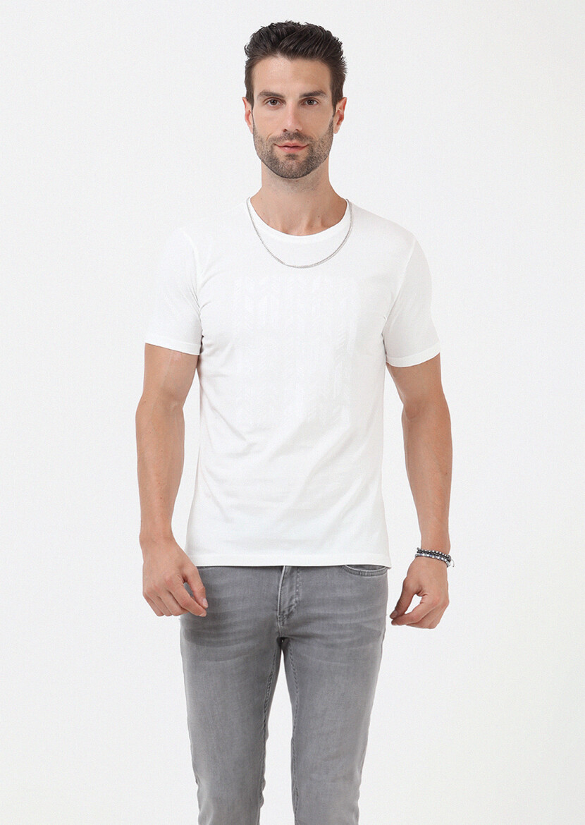 Ecru Plain Crew Neck 100% Cotton T-Shirt - 2