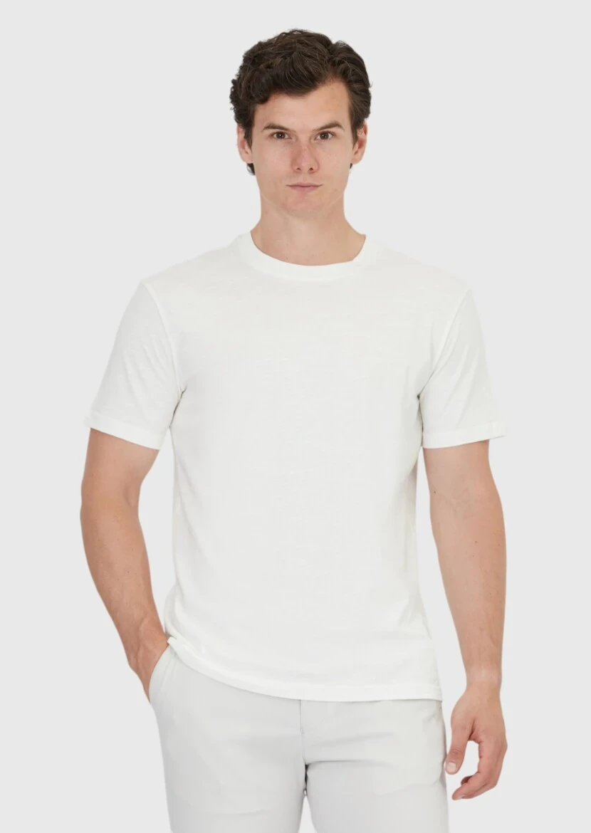 Ecru Plain Crew Neck 100% Cotton T-Shirt - RAMSEY