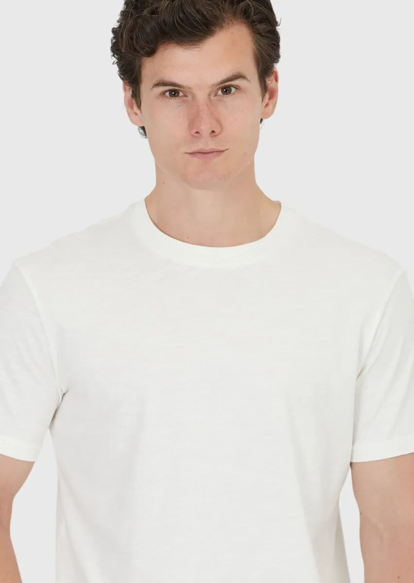 Ecru Plain Crew Neck 100% Cotton T-Shirt - 3