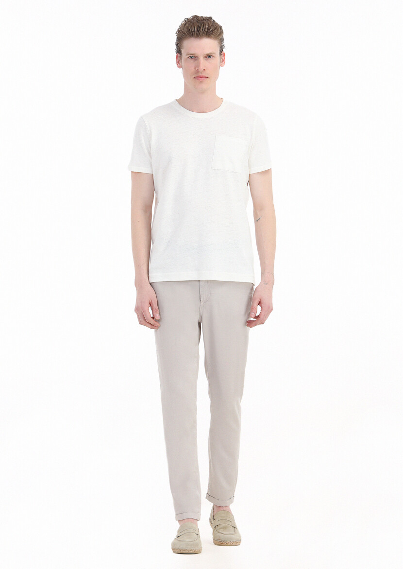 Ecru Plain Crew Neck 100% Linen T-Shirt - 1