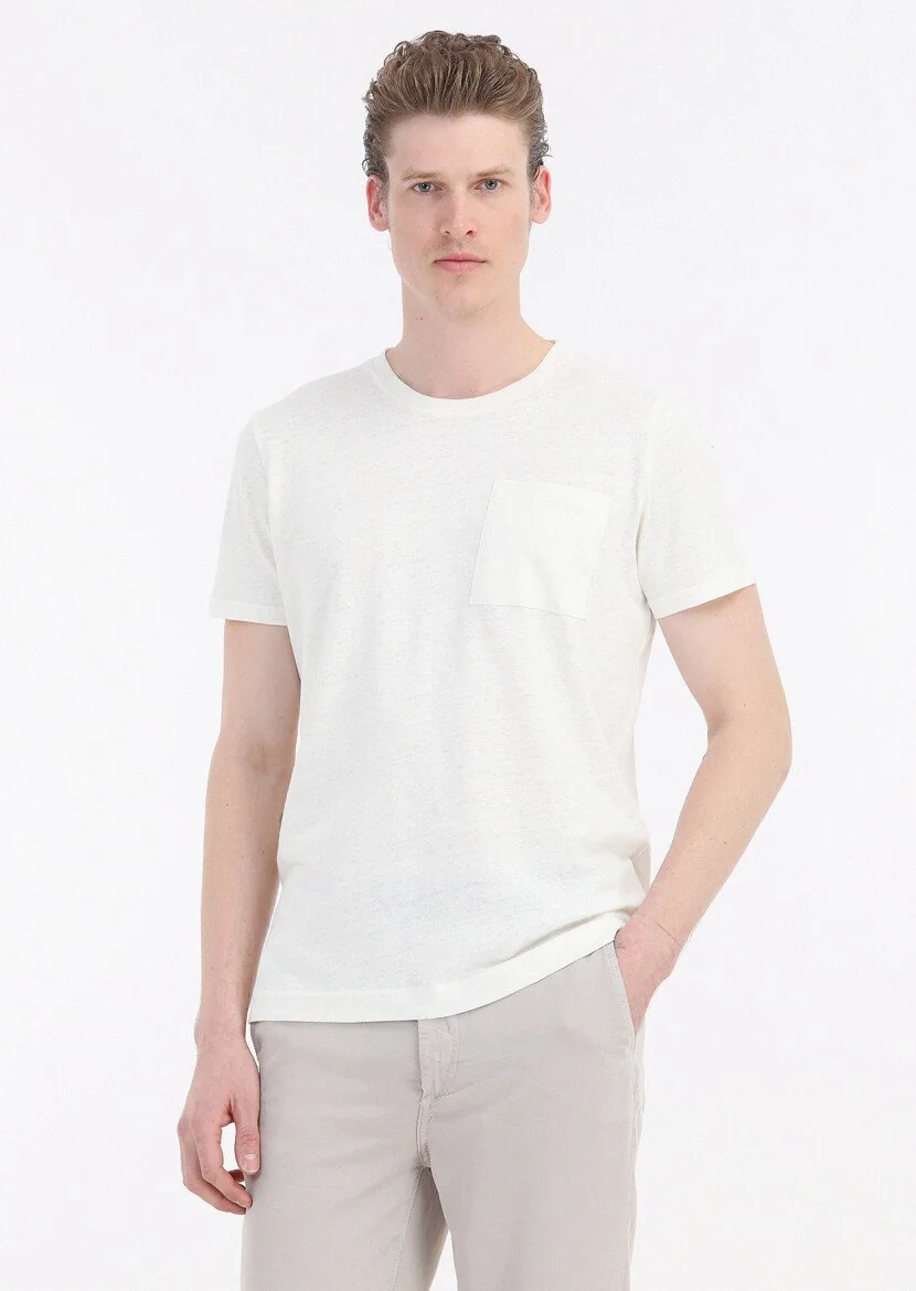 Ecru Plain Crew Neck 100% Linen T-Shirt - 2